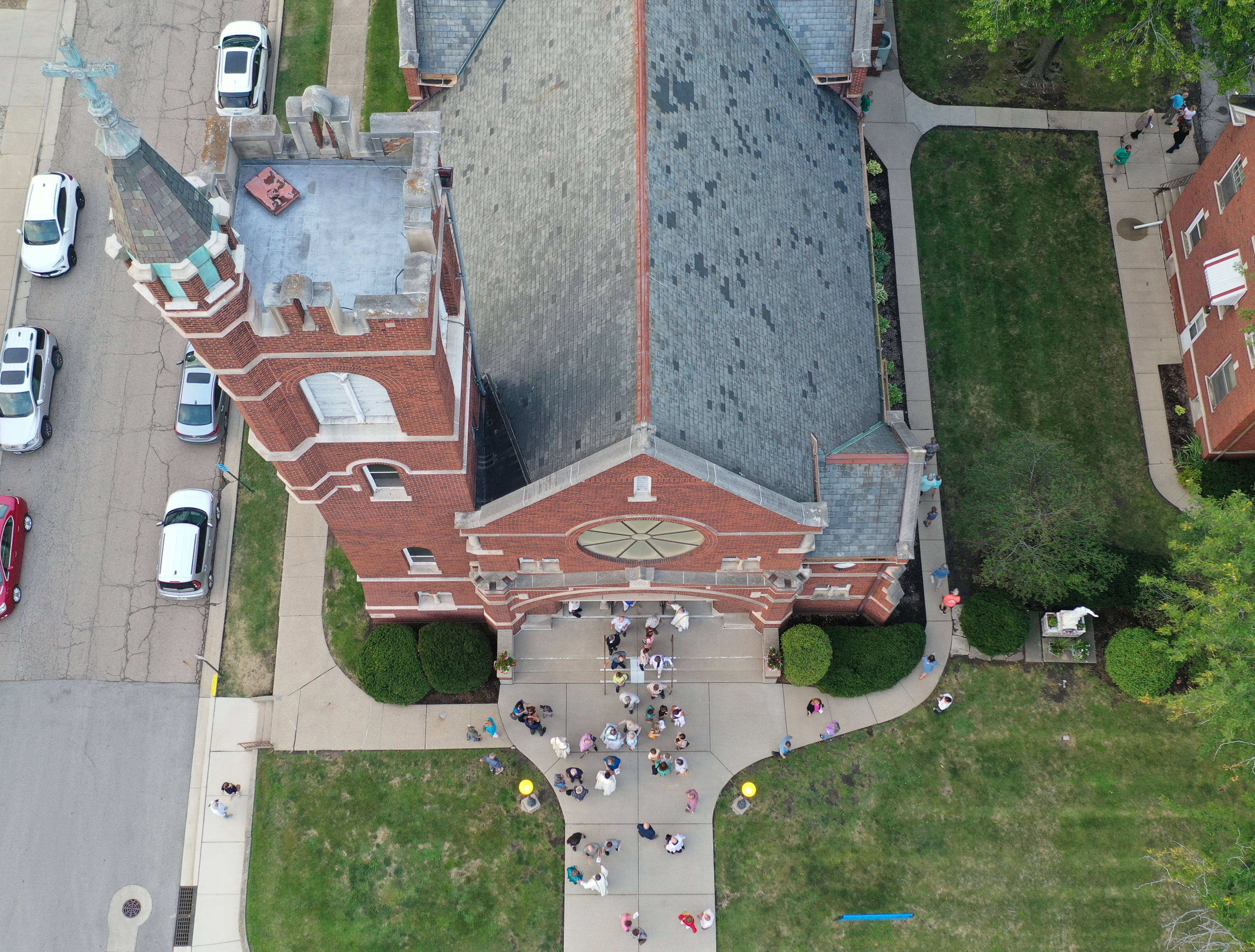 An aerial photo of St. Mary's Church as hundreds of parishioners exit during the final Mass on Thursday, Aug. 15, 2024 in Peru. The church was founded in 1867.