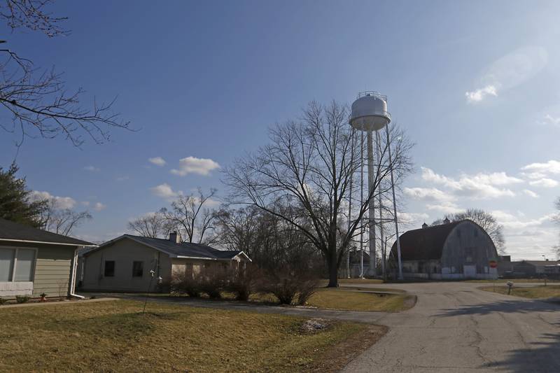 The water tower for the Eastwood Manor water system on Monday, March 27, 2023. Some residents of the Eastwood Manor subdivision north of McHenry are upset with the quality of water from the private water company that serves them.