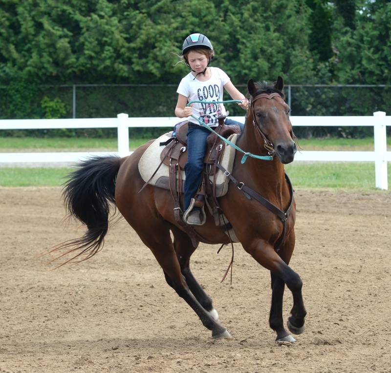 Hadley Dewald, 7, of Sterling, competes at the WHOA benefit horse show on Saturday, June 22, 2024 at the Whiteside County fairgrounds in Morrison.