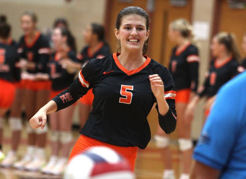 Crystal Lake Central’s Mykaela Wallen is introduced as the Tigers visited Huntley for a Fox Valley Conference volleyball match on Tuesday, Aug. 27, 2024, at Huntley High School.