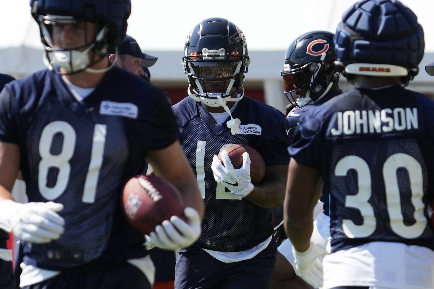 Chicago Bears wide receiver Velus Jones Jr., works with teammates on the field during the team's training camp, Thursday, July 27, 2023, in Lake Forest.