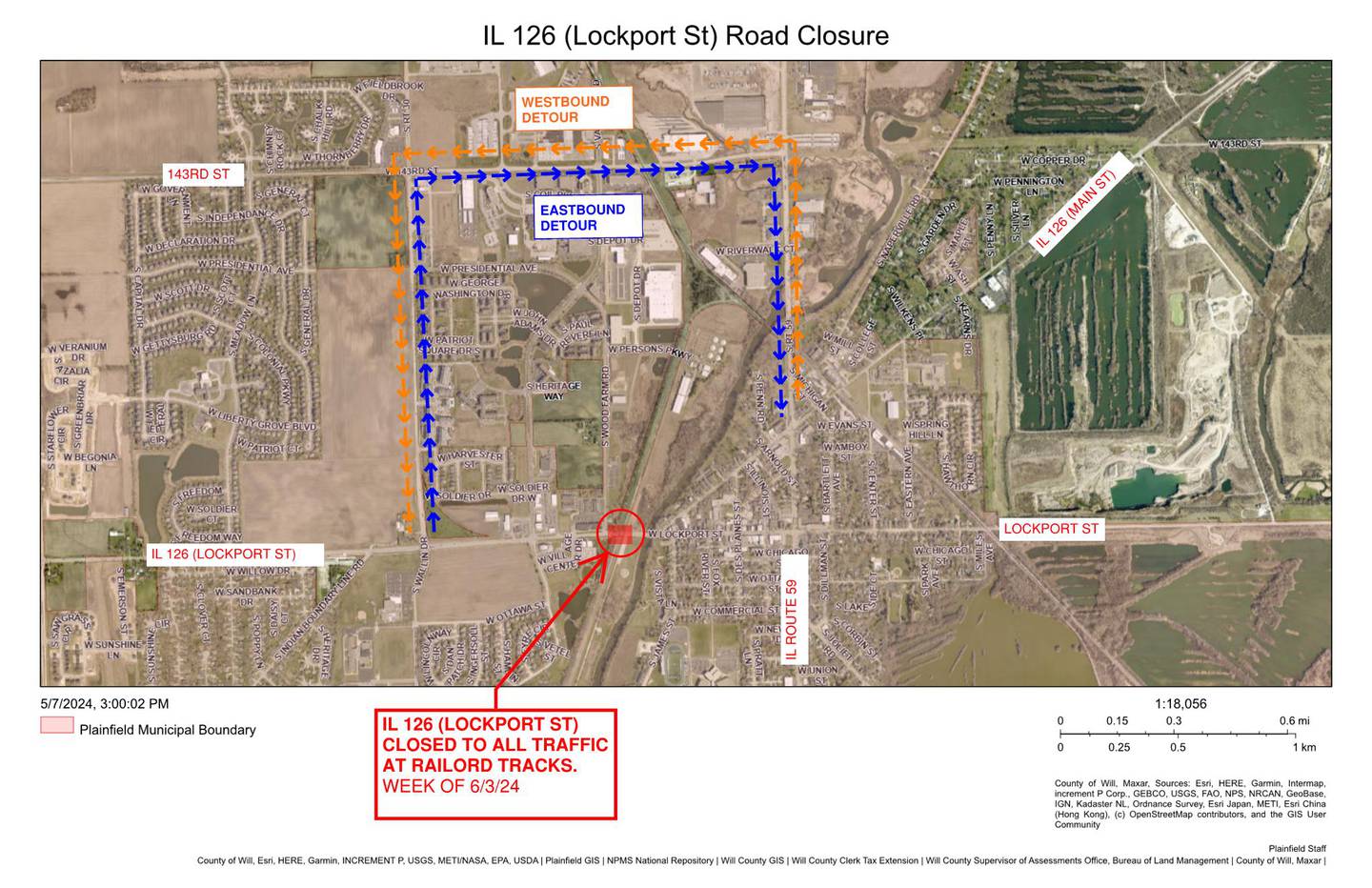 A map of the detour route for repairs to a railroad crossing in Plainfield.