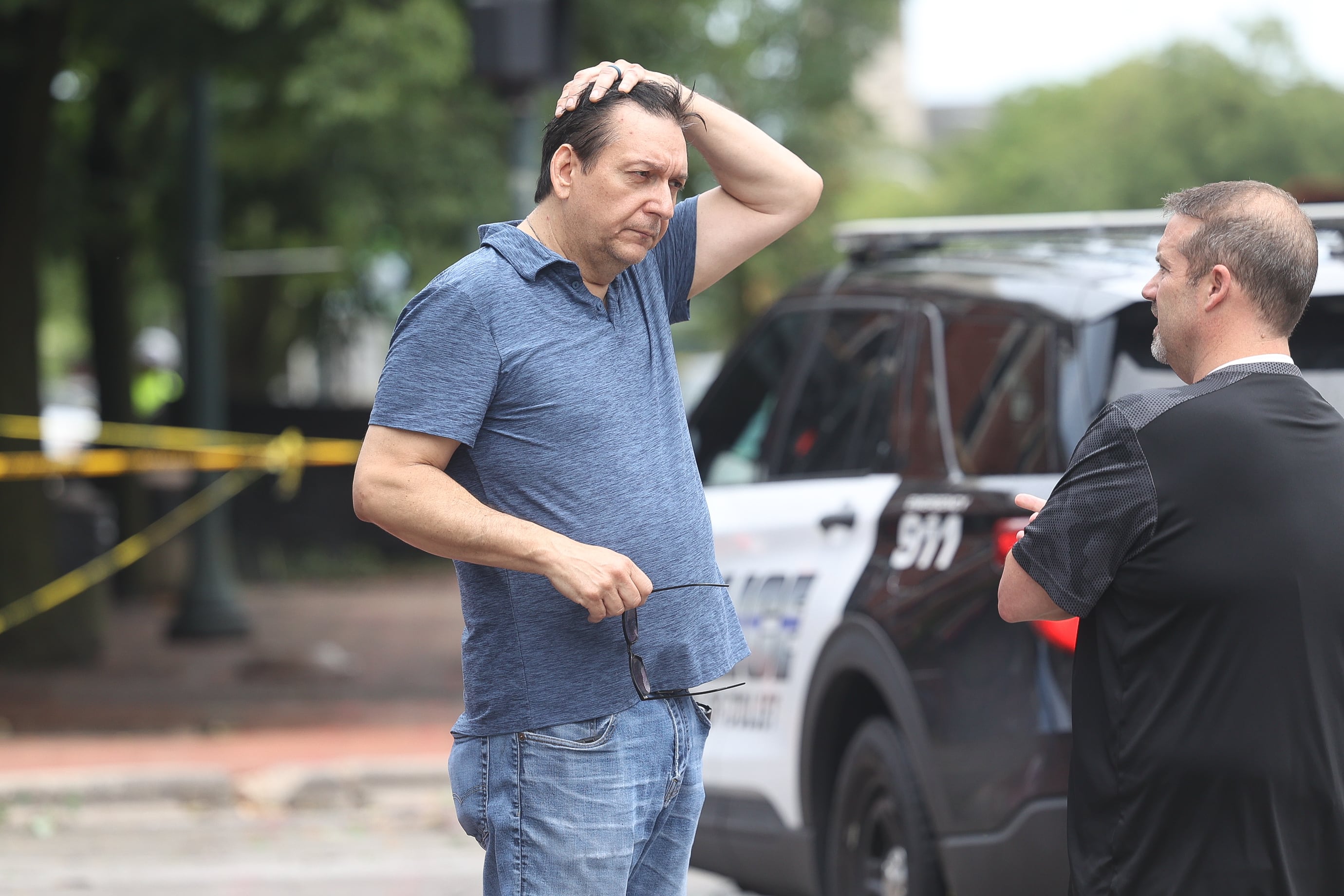 Ron Romero, founder and president of the Illinois Rock and Roll Museum on Route 66 made his way downtown to assess the damage to his museum after a storm blew through Joliet Sunday morning, July 14, 2024.