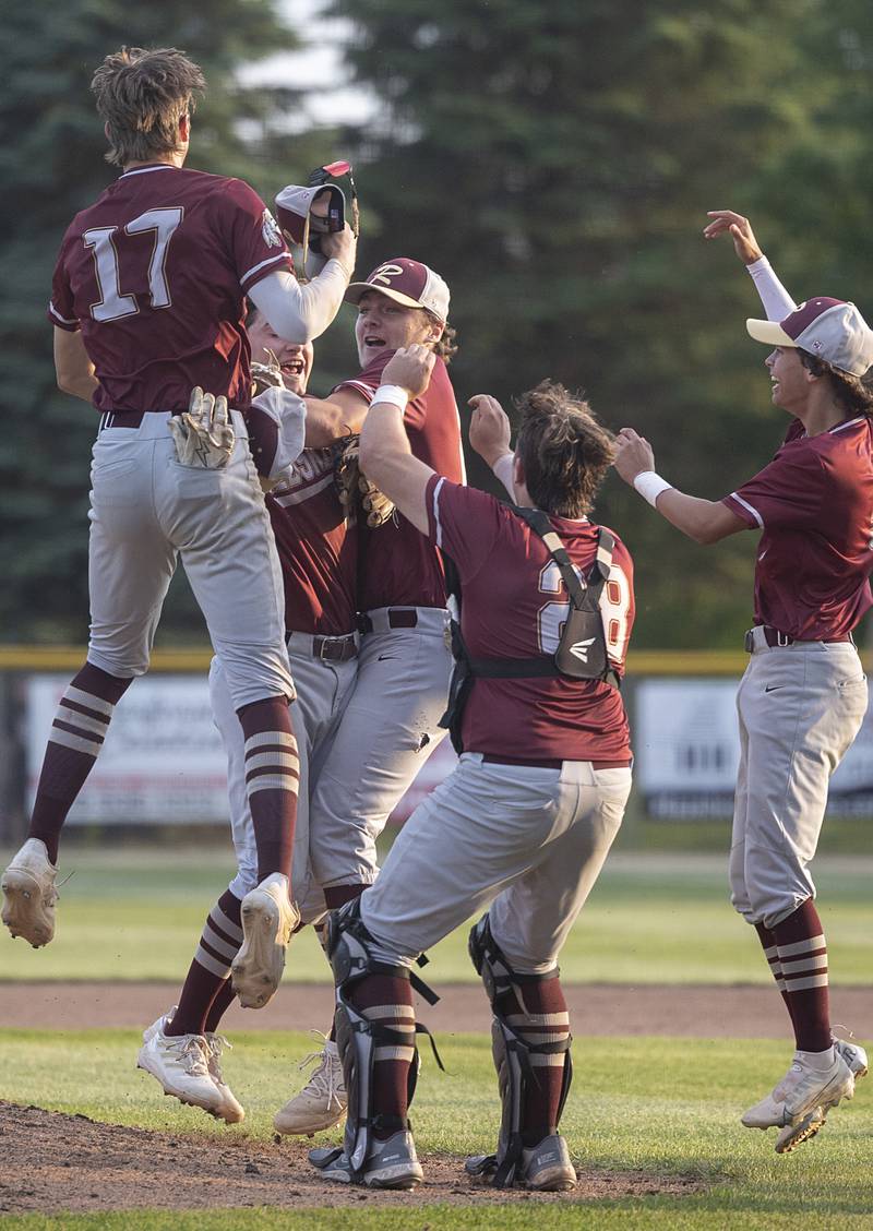 Morris celebrates their 5-3 win over Sycamore Monday, June 3, 2024 in the Class 3A Geneseo supersectional.