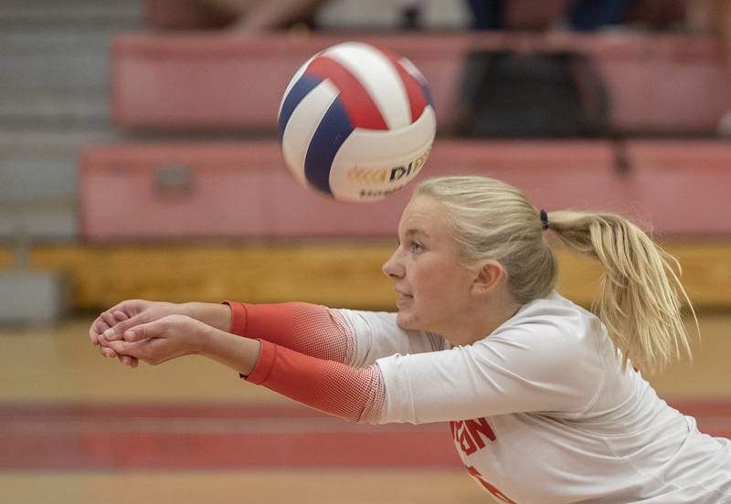 Oregon’s Emma Eckerd makes a pass against Newman Thursday, Sept. 12, 2024, at the Blackhawk Center in Oregon.