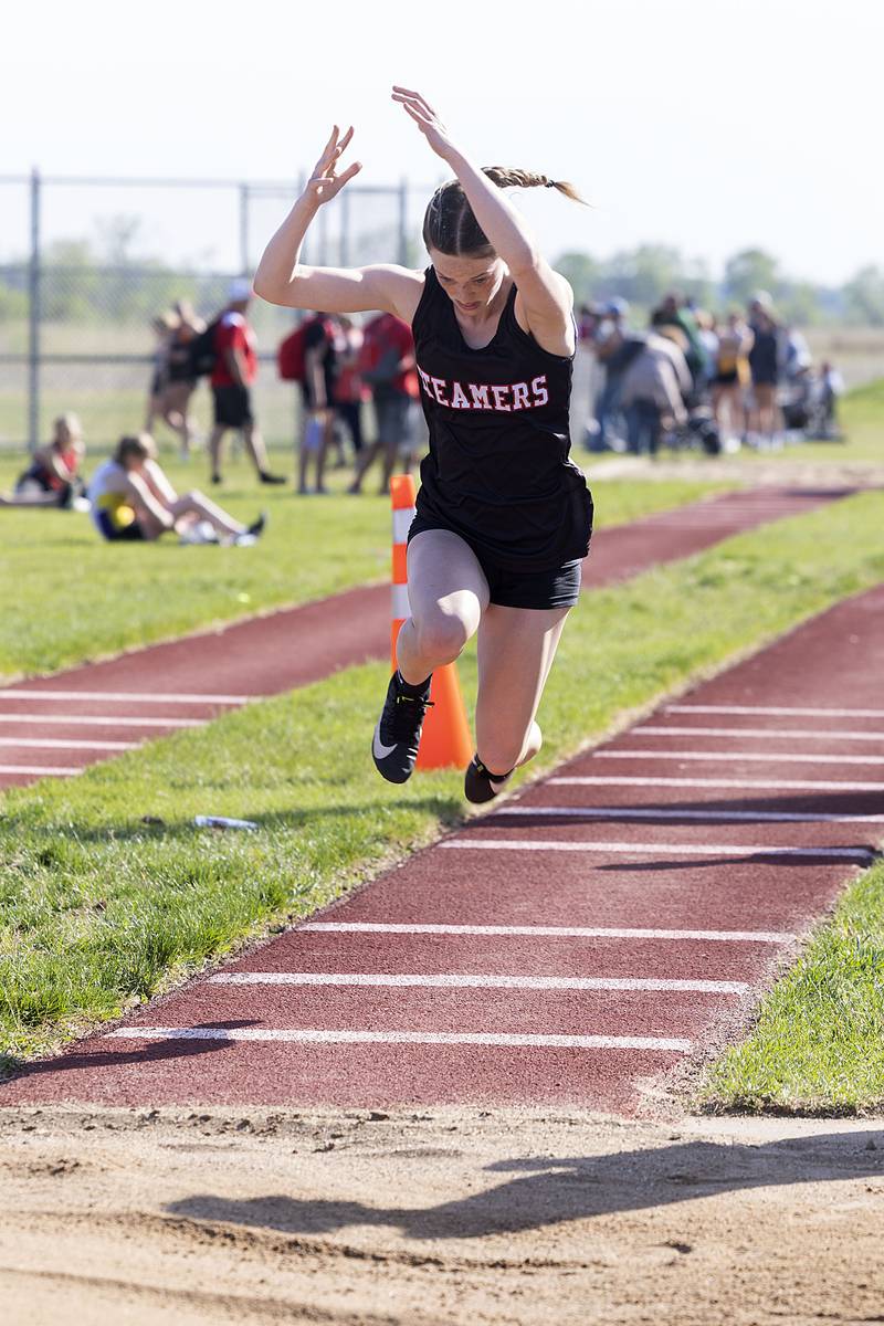 Fulton’s Emery Wherry competes in the triple jump Wednesday, May 10, 2023 at the class 1A Erie girls track sectional.