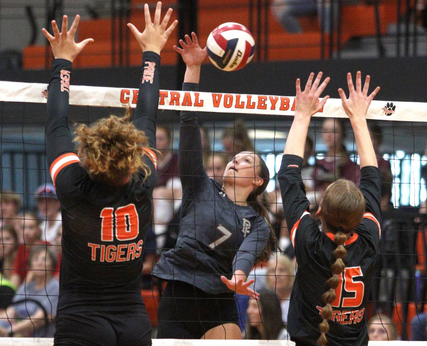 Prairie Ridge’s Addison Gertz sends the ball over the net in varsity volleyball at Crystal Lake Central Thursday night.