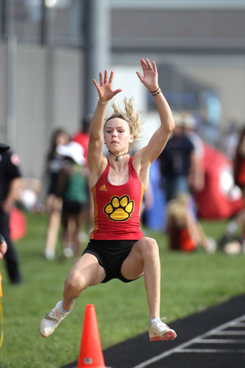 Batavia’s Bridget Kosky competes in the long jump during the Class 3A Metea Valley girls track and field sectional on Thursday, May 11, 2023.