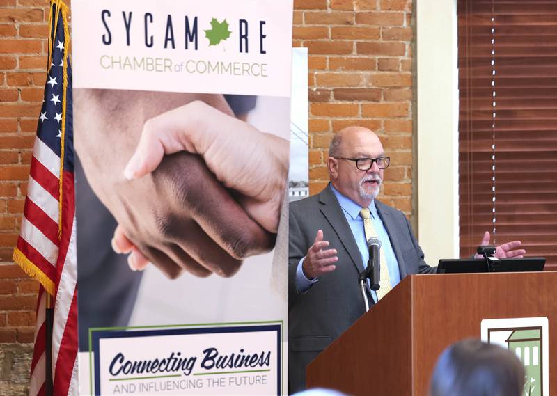 Mark Williams, executive director of the DeKalb County Economic Development Corporation, speaks Wednesday, May 1, 2024, at the Sycamore Chamber of Commerce State of the Community Address in the DeKalb County Community Foundation Freight Room.