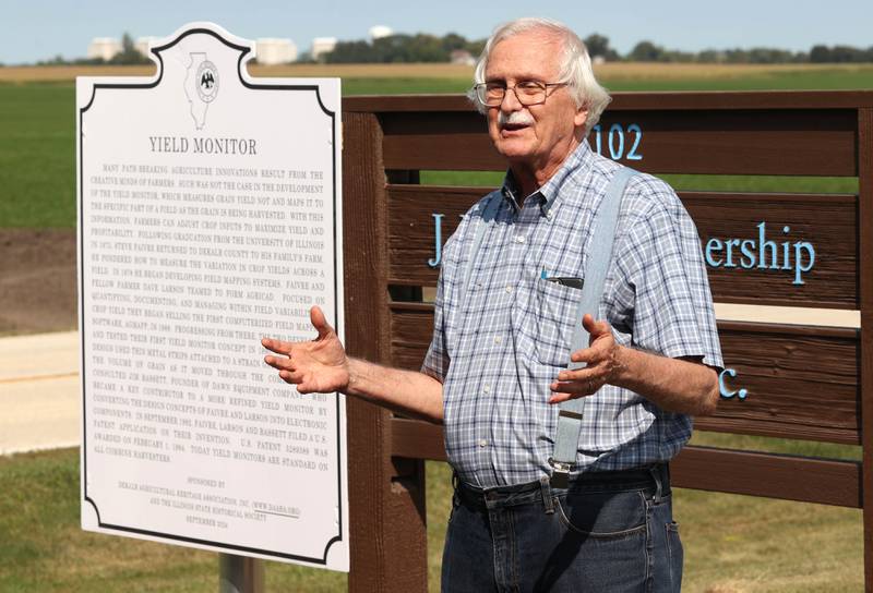 Steve Faivre, one of the creators of the yield monitor, speaks Tuesday, Sept. 10, 2024, during the dedication, hosted by the DeKalb Area Agricultural Heritage Association, for the new historical marker at the Faivre farm in DeKalb. The marker celebrates the creation yield monitor, an important innovation in farming.