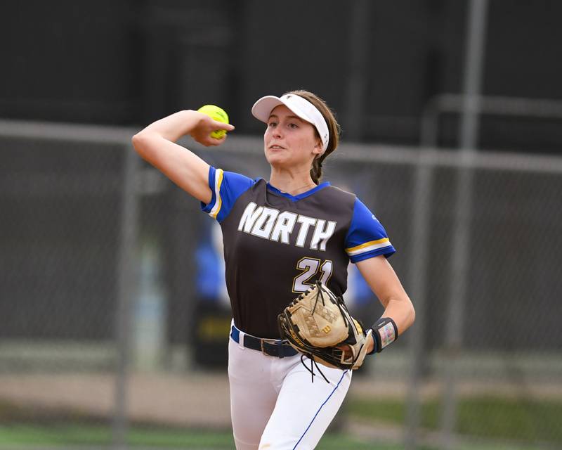 Wheaton North's Reagan Crosthwaite (21) throws out a Glenbard North runner during the game on Monday May 13, 2024, held at Wheaton North High School.