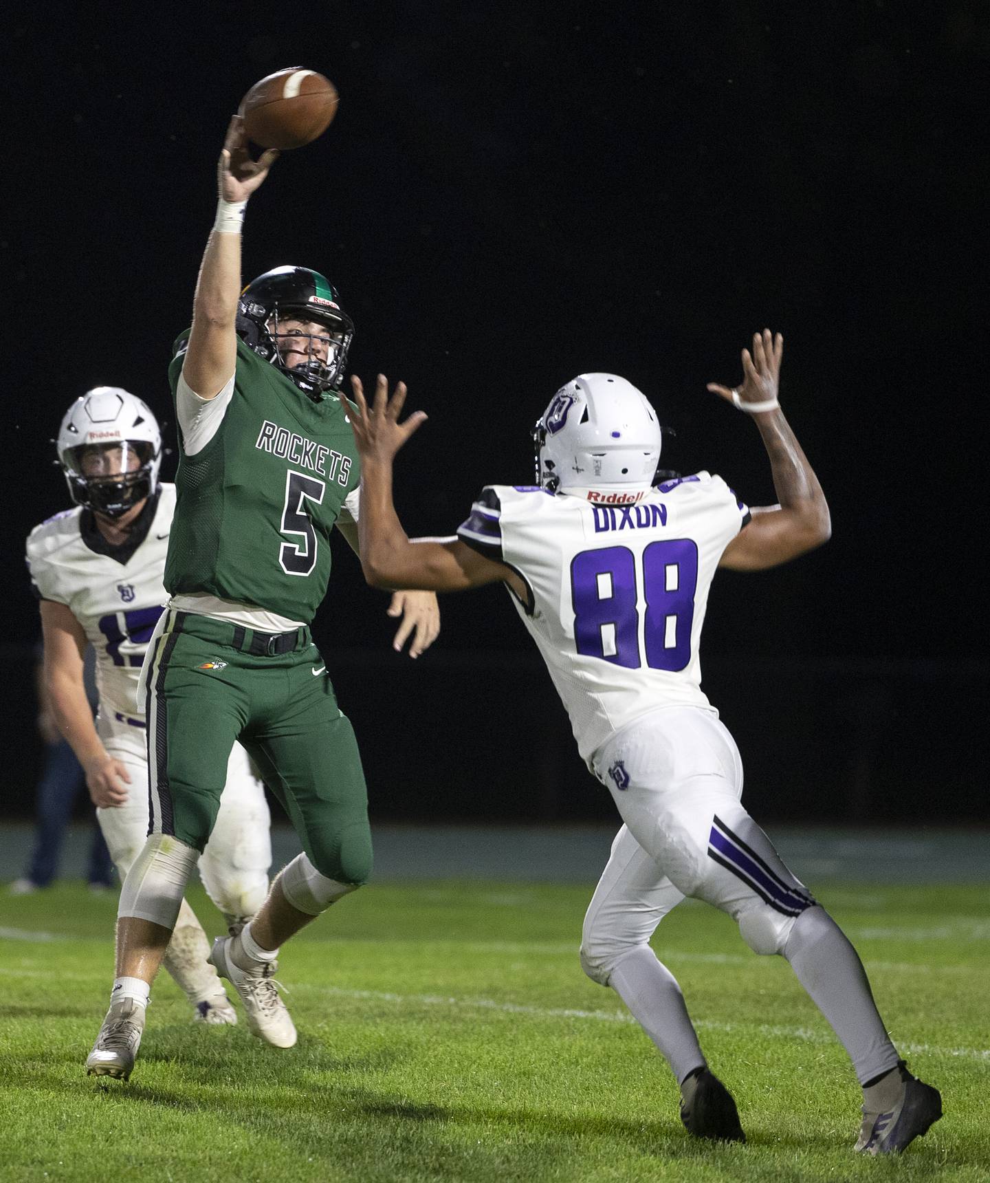 Rock Falls’ Mason Landes flips a pass against Dixon Friday, Sept. 13, 2024, at Hinders Field in Rock Falls.