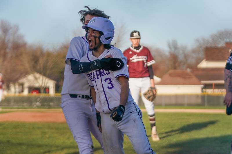 Plano’s Jose Barraza (3) reacts after scoring a run against Marengo during a baseball game at Plano High School on Monday, April 8, 2024.