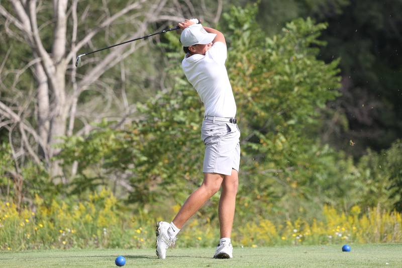 Lockport’s Joey Sluzas drives off the 13th hole in the Providence Catholic Invitational at the Sanctuary Golf Course in New Lenox on Saturday, Sept. 8, 2023.