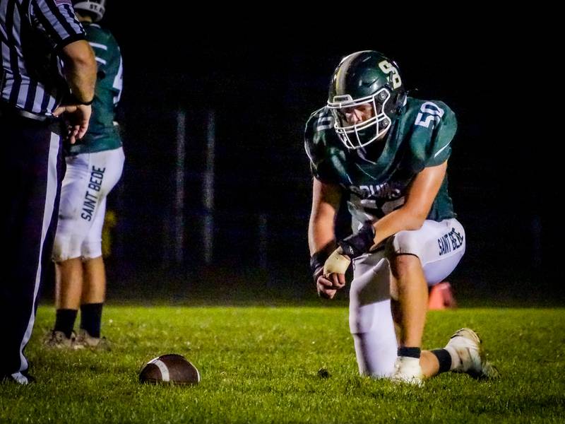 Jake Migliorini of St. Bede kneels near ball on Friday, September 6, 2024 at St. Bede in Peru.