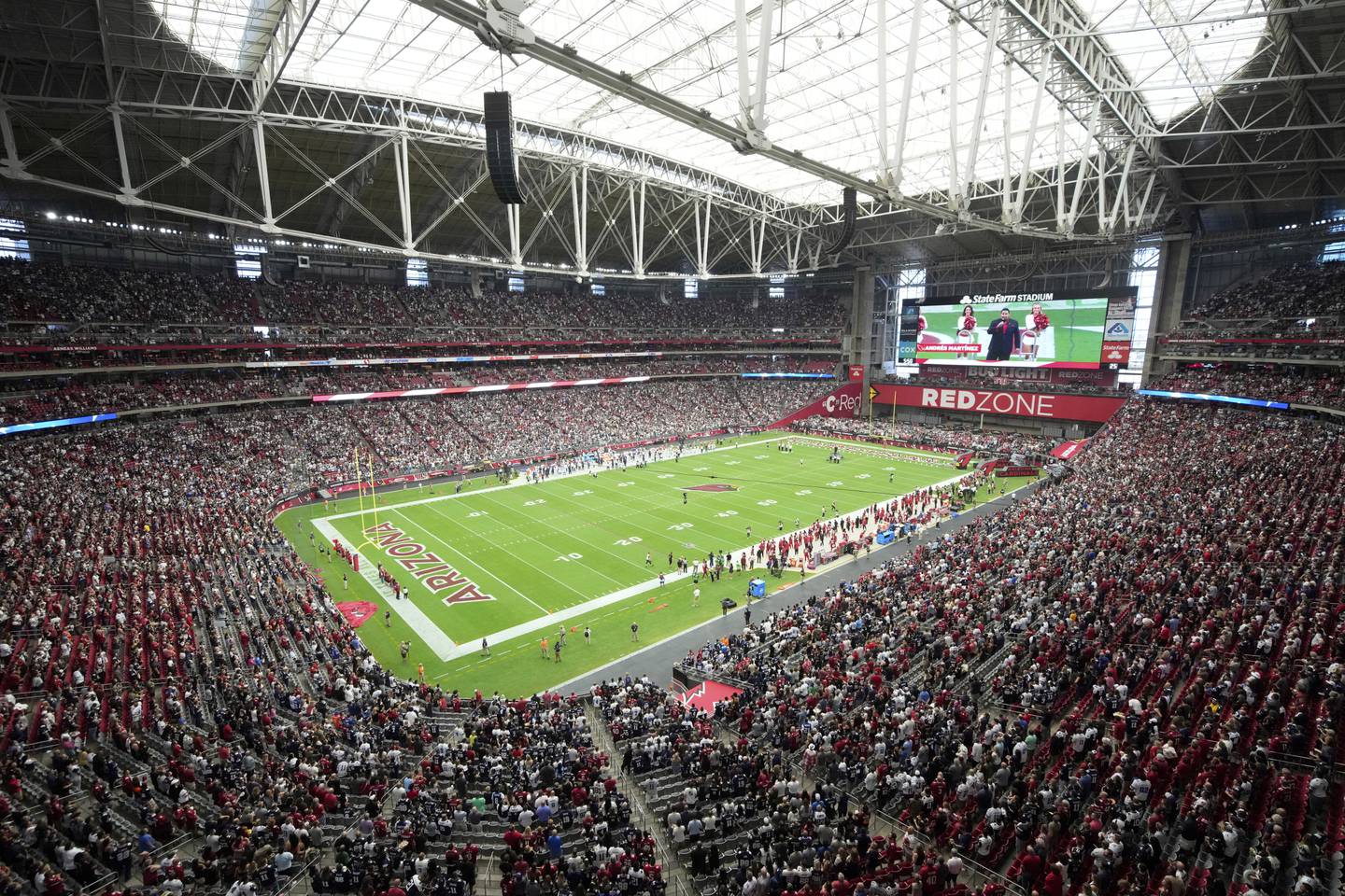 General overall interior view of State Farm Stadium during the first half of an NFL football game between the Arizona Cardinals and the Dallas Cowboys, Sunday, Sept. 24, 2023, in Glendale, Ariz. (AP Photo/Rick Scuteri)