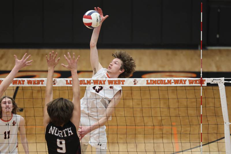 Lincoln-Way West’s Hunter Vedder goes for the kill against Plainfield North on Monday, March 18, 2024 in New Lenox.