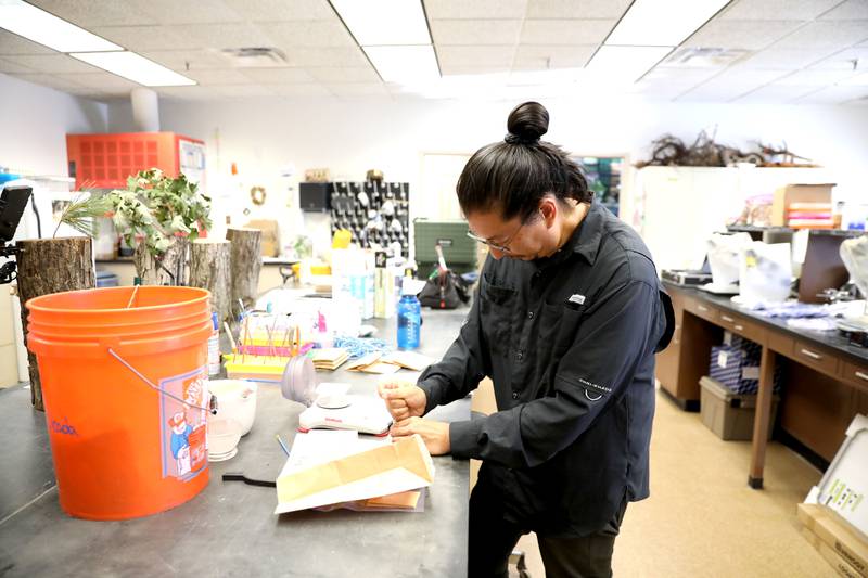 Marvin Lo, research program manager for the Root Biology Lab at the Morton Arboretum in Lisle, uses a mortar and pestle to grind dried cicadas into a fine powder as part of the arboretum’s research on cicadas and their effects on the soil and environment.