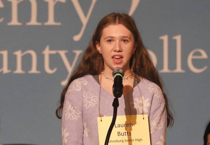 Lauren Butts of Johnsburg Junior High School competes in the McHenry County Regional Office of Education's 2023 spelling bee Wednesday, March 22, 2023, at McHenry County College's Luecht Auditorium in Crystal Lake.