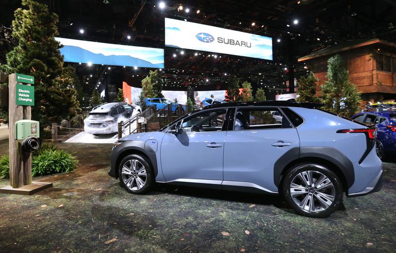 A view of the Subaru all-electric Solterra on Thursday, Feb. 8, 2024 during the Chicago Auto Show in McCormick Place.