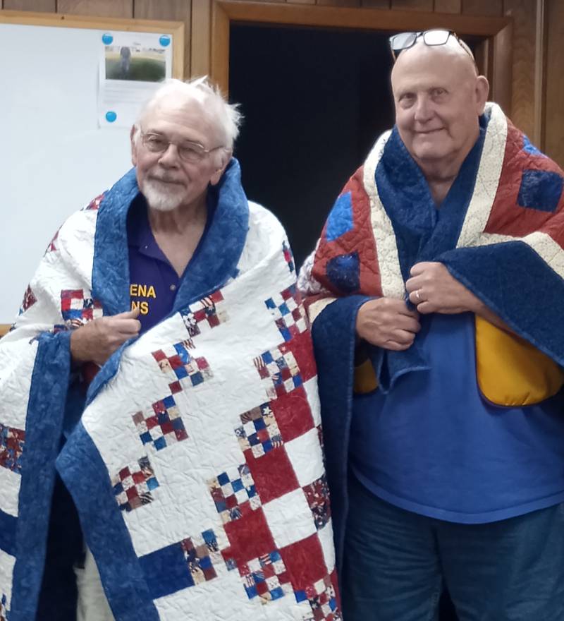 Two members of the Serena Lions Club were presented with Quilts of Valor by the Illinois Valley Quilts of Valor group at their last meeting on June 20. The two veterans were George Richter (left) and Robert Borchsenius.