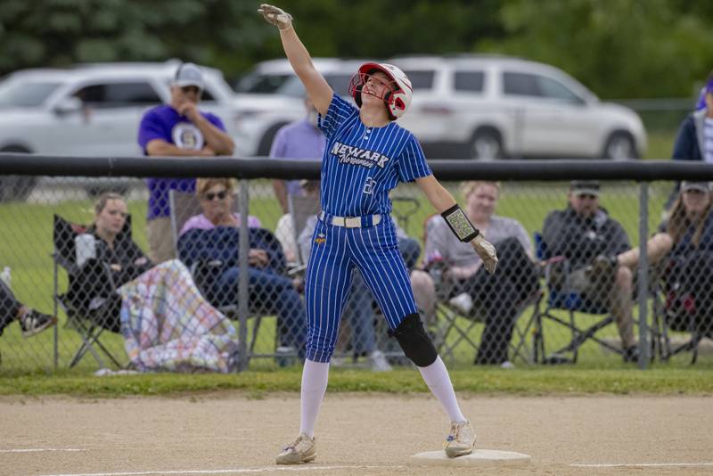 Newark's Kody Rizzo celebrates a third inning triple against the Serena Huskers during the Class 1A Sectional Final at Woodland High School on May 24, 2024.