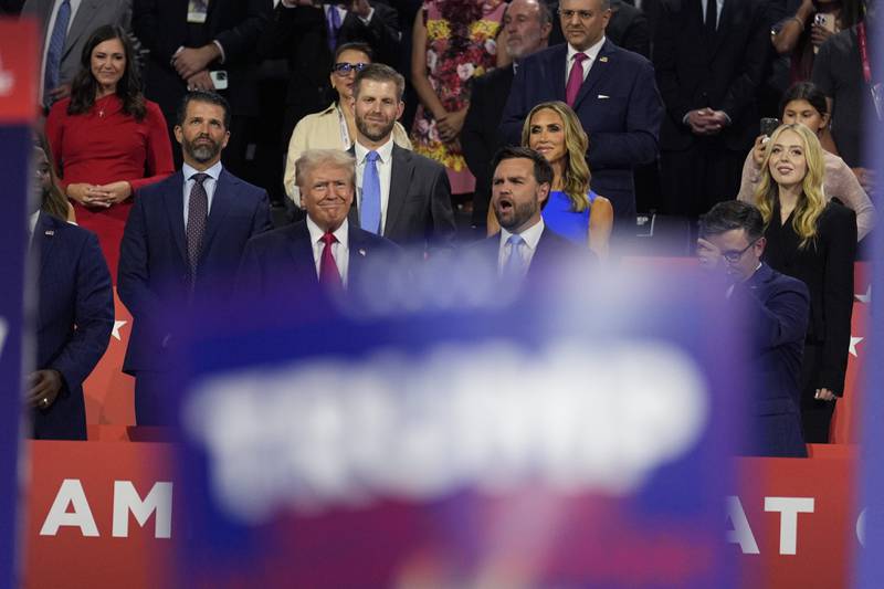 Republican presidential candidate former President Donald Trump and Republican vice presidential candidate Sen. JD Vance, R-Ohio, attend the first day of the Republican National Convention, Monday, July 15, 2024, in Milwaukee. (AP Photo/Carolyn Kaster)