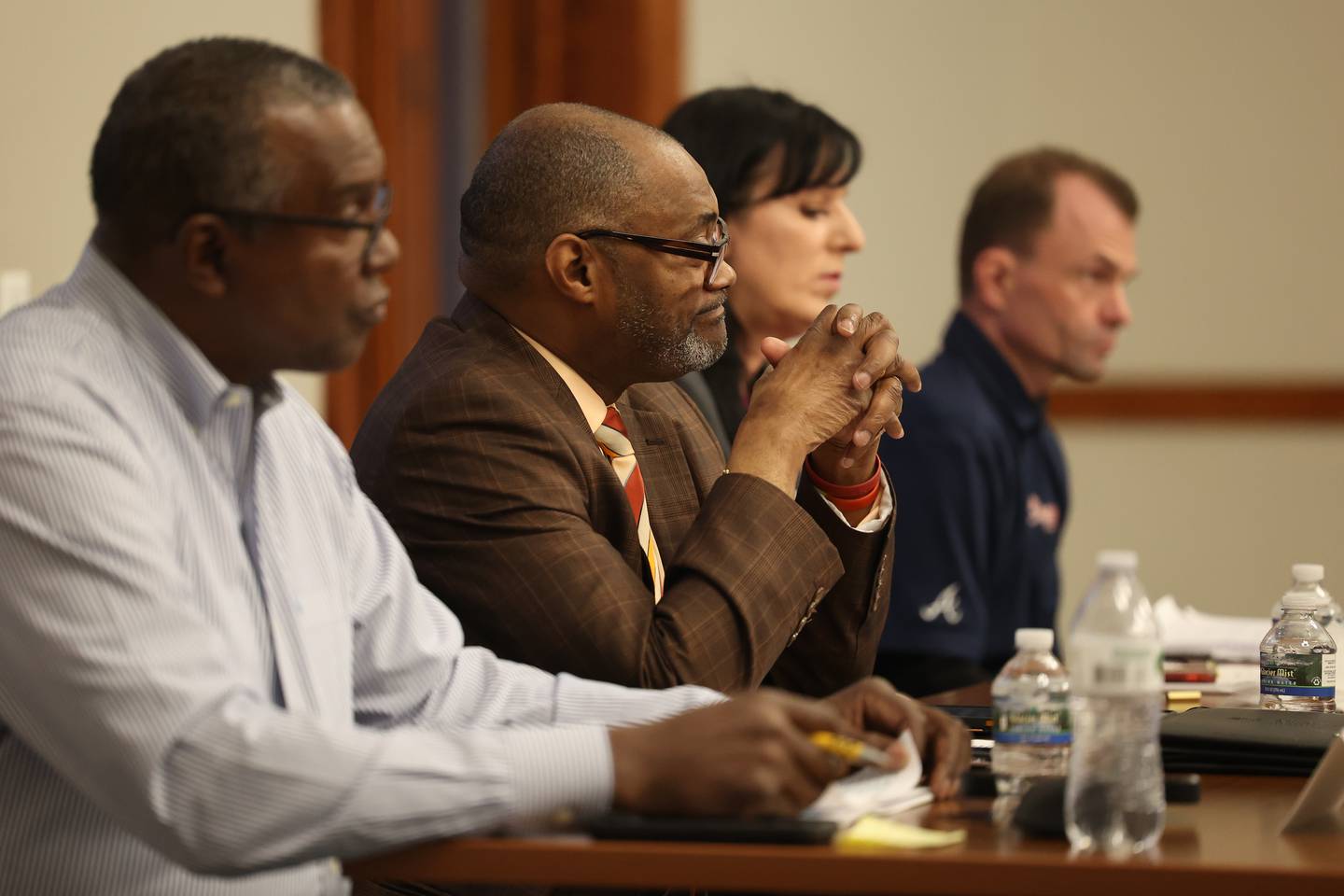 Joliet City Council District 5 board member Terry Morris (second from left) sits with his opposition at a forum for the District 5 candidates at the Joliet Public Library on Thursday, March 16th, 2023 in Joliet.