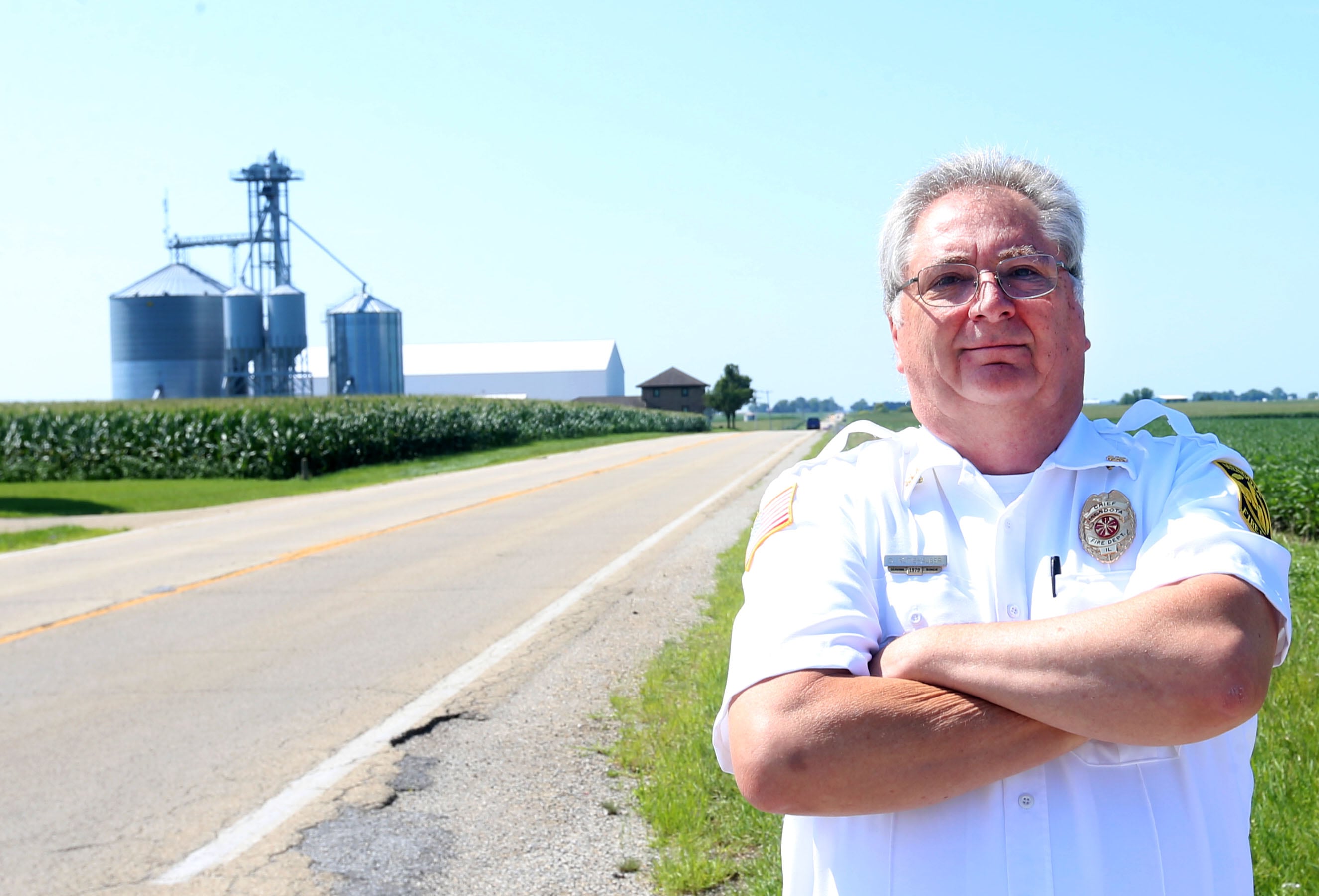 Mendota Fire Chief Rutishauser poses for a photo near the intersection of North 39th Road and Illinois Route 251 on Wednesday, July 17, 2024 near Mendota. An eighth mile stretch of Illinois 251 has had an uptick of crashes and fatalities lately from just south of North 36th Road to just south of 45th road.