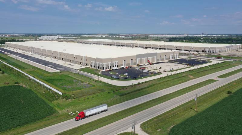 An aerial view of a warehouse distribution center built by the NorthPoint group near the intersection of Noel Road and Illinois Route 53 in Elwood. NorthPoint is developing the Third Coast Intermodal Hub, a warehouse development of more than 2,000 acres stretching from Joliet to Elwood.