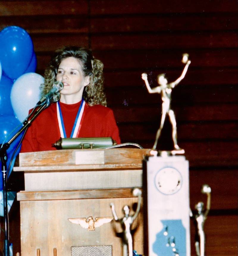 Former Princeton coach Rita Placek speaks during the community reception to honor the 1990 state champion Tigresses volleyball team. It remains as the only state champion in school history.