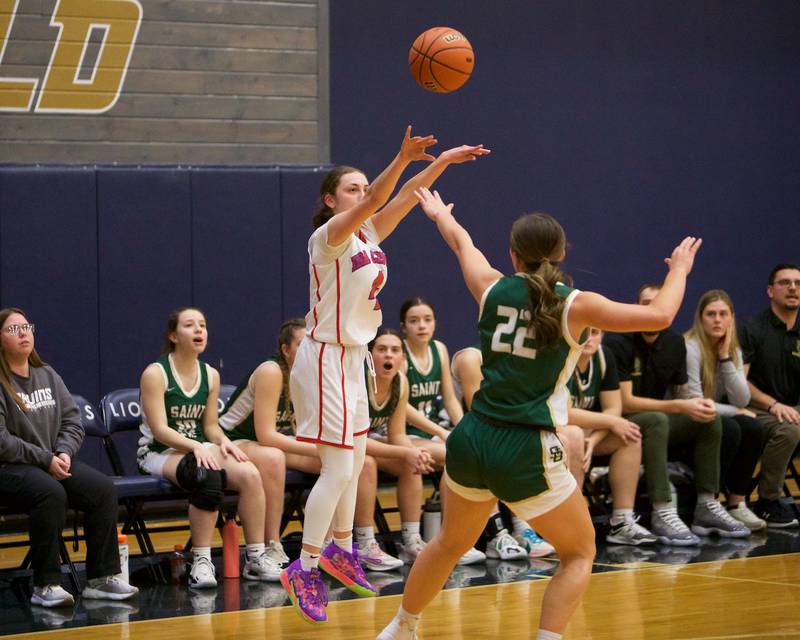 Ida Crown's Talia Linzer shoots a three pointer against St. Bede at the Class 1A Girl's Basketball  Super Sectional on Monday , Feb.26, 2024 at Harvest Christian Academy  in Elgin.