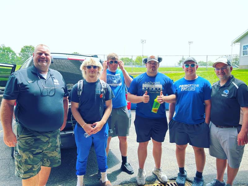The Princeton weights crew with coach Dan Foes (from left), Ian Morris, Bennett Williams, Payne Miller, Cade Odell and coach Curtis Odell prepare to embark to Charleston for the IHSA Class 2A State Track & Field finals.
