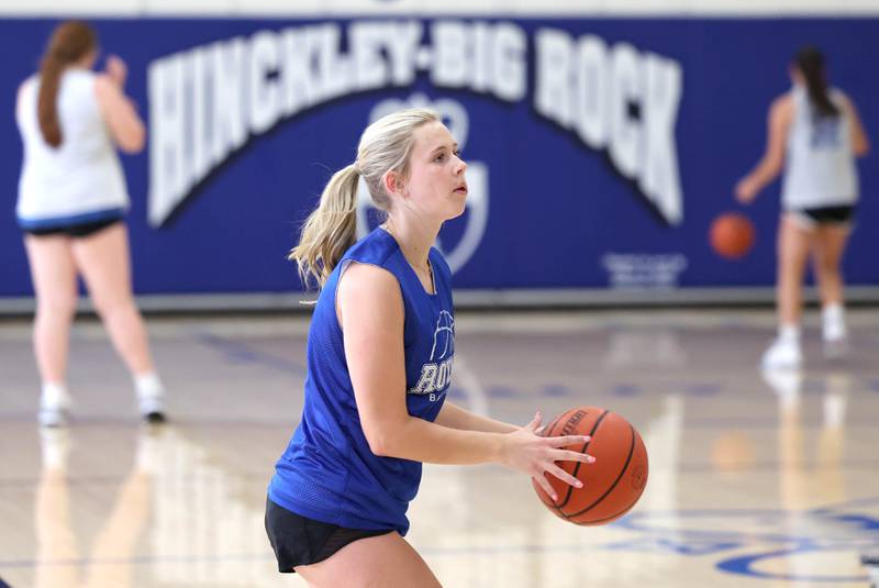 Hinckley-Big Rock’s Anna Herrmann shoots a jumper during practice Monday, June 19, 2023, at Hinckley-Big Rock High School.