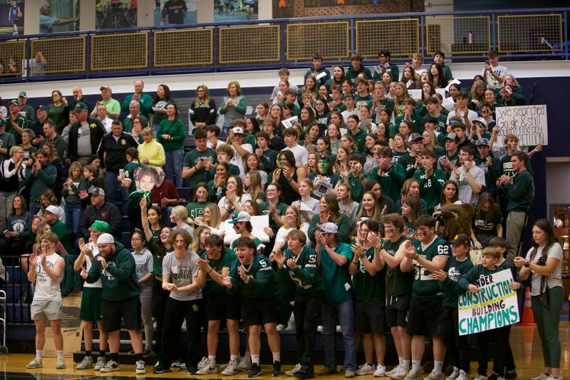 St. Bede students cheer on their team against Ida Crown at the Class 1A Girl's Basketball  Super Sectional on Monday , Feb.26, 2024 at Harvest Christian Academy  in Elgin.