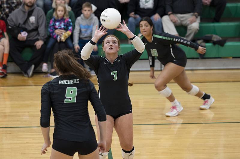 Rock Falls’ Denali Stonitsch sets the ball in the regional semifinal Tuesday, Oct. 25, 2022 against Stillman Valley.