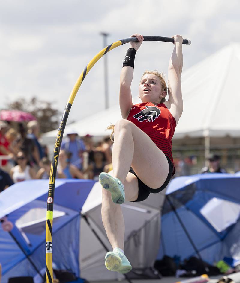 Shabbona’s Reagan Gibson makes her approach in the 1A Pole Vault Saturday, May 18, 2024 at the IHSA girls state track meet in Charleston.