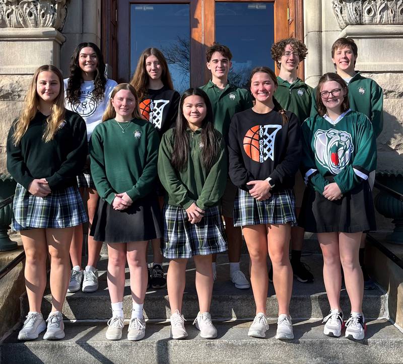 St. Bede Academy announced Wednesday, Feb. 7, 2024,tThe Top 10 students in the Class of 2024. They are Johnna Bogatitus (from left), Ali Bosnich, Kylie Hill, Ella Englehaupt, Georgina Guo, Zachary Popurella, Mariella Hermes, Evan Englehaupt, Bella Hagenbuch and Logan Potthoff.