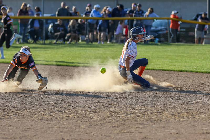 Oswego's Kaylee LaChappell (11) slides safely into second during Class 4A Plainfield North Sectional semifinal softball game between Wheaton-Warrenville South at Oswego. May 29th, 2024.