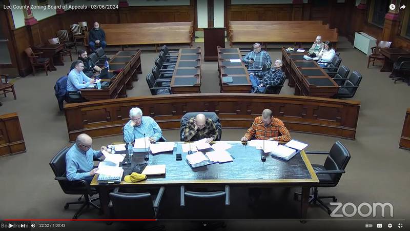 A screenshot from YouTube of the Lee County Zoning Board of Appeals' March 6, 2024, meeting, which was streamed live to Zoom and YouTube by Lee County IT.