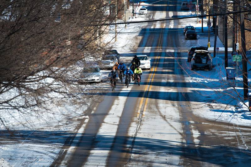 The group opted for just a quick ride Jan. 1, 2018 through Dixon in the sub-zero weather. Riders BJ Fenwick, Mathias Kemmeren, Matt Moore, Dawn Moore, Nick Moore, Shane Miller and Jerry Pauser head down First Street in Dixon from Green River Sports to River's Edge restaurant for a hot lunch.