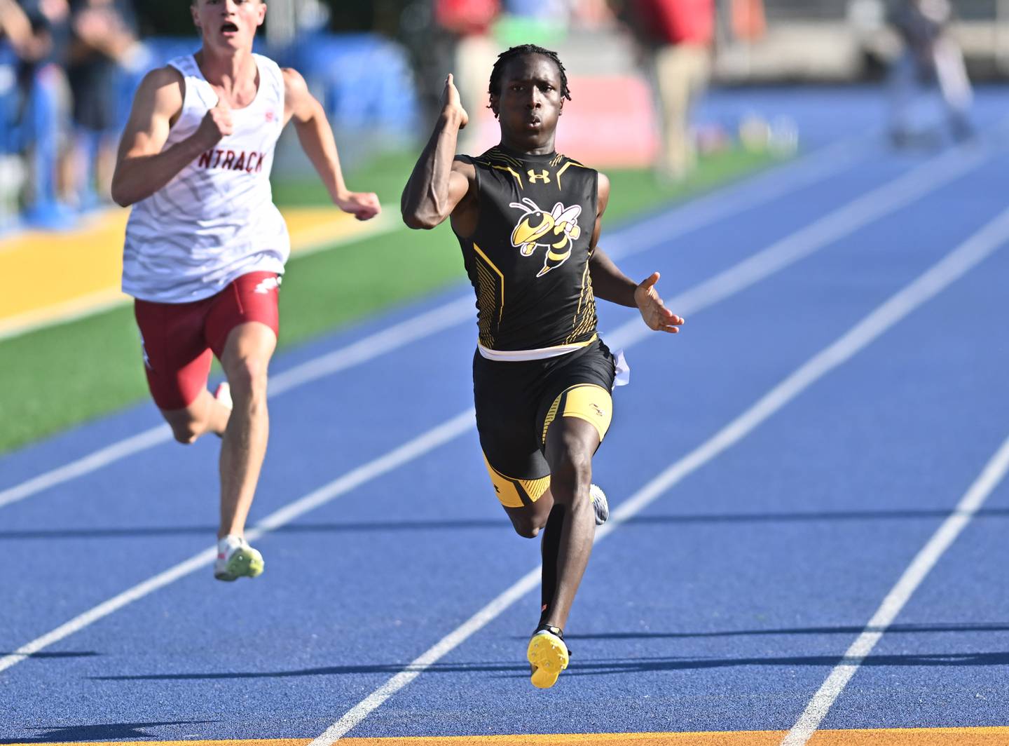 Hinsdale South's Amari Alexander crosses the finish line in the 100 meter daash during the IHSA 3A Sectional track meet  on Friday, May. 17, 2024, at Joliet.