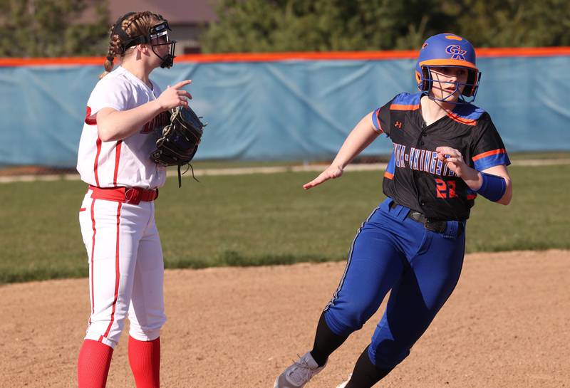 Genoa-Kingson's Brooklynn Ordlock rounds third base during their game against Oregon Tuesday, April 9, 2024, at Genoa-Kingston High School.