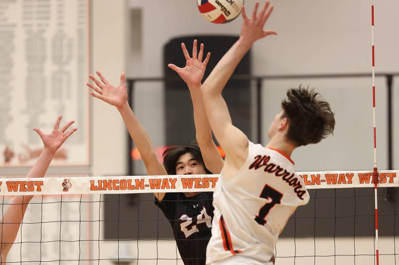 Plainfield North’s Chris Mactal goes for the block against Lincoln-Way West on Monday, March 18, 2024 in New Lenox.