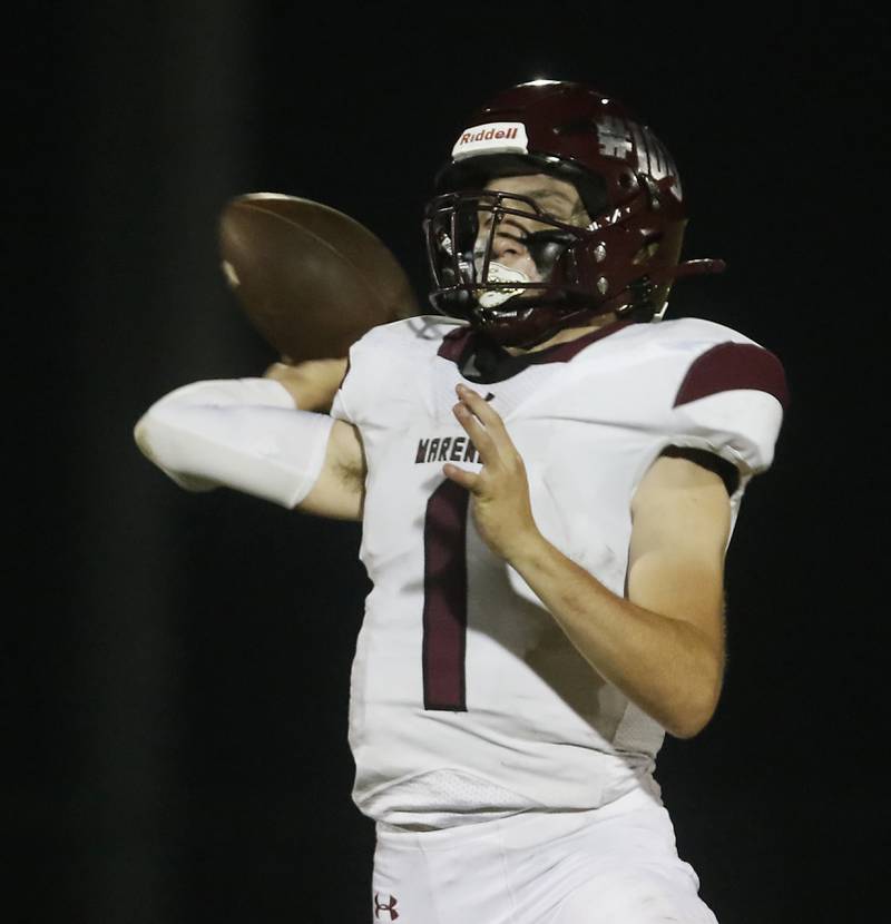 Marengo's David Lopez throws a pass during a Kishwaukee River Conference football game against Woodstock North on Friday, Sept. 13, 2024, at Woodstock North High School.