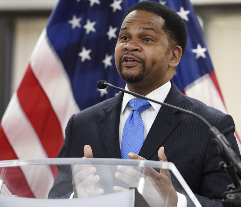 FILE - Aurora, Ill. Mayor Richard Irvin holds a media briefing Monday, June 1, 2020 in Aurora, Ill. An ad paid for by the Democratic Governors Association attacking a Republican challenger for governor for his record as a criminal defense attorney is simply "telling the truth," Gov. J.B. Pritzker said. The DGA's ad attacks Aurora Mayor Richard Irvin, who is backed by billionaire Ken Griffin, for serving as a criminal defense attorney while criticizing Pritzker for an increase in crime. (Rick West/Daily Herald via AP)