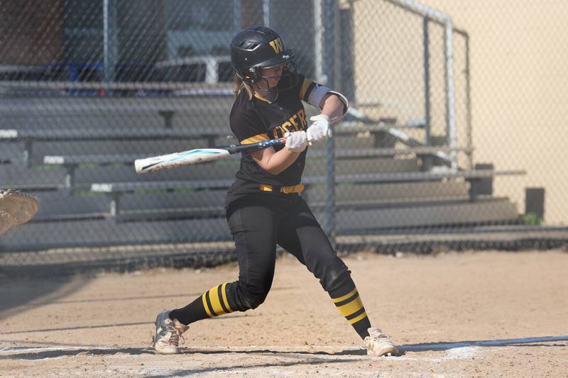 Joliet West’s Paige Pastens locks in on a pitch against Plainfield Central on Wednesday, May 15, 2024 in Joliet.