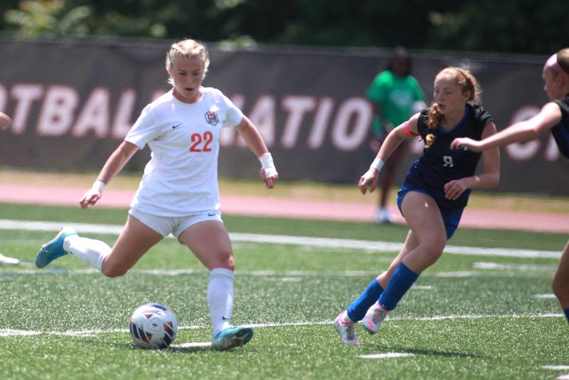 Crystal Lake Central’s Olivie Anderson kicks the ball during the Class 2A state semifinal game against Burlington Central at North Central College in Naperville on Friday, May 31, 2024.