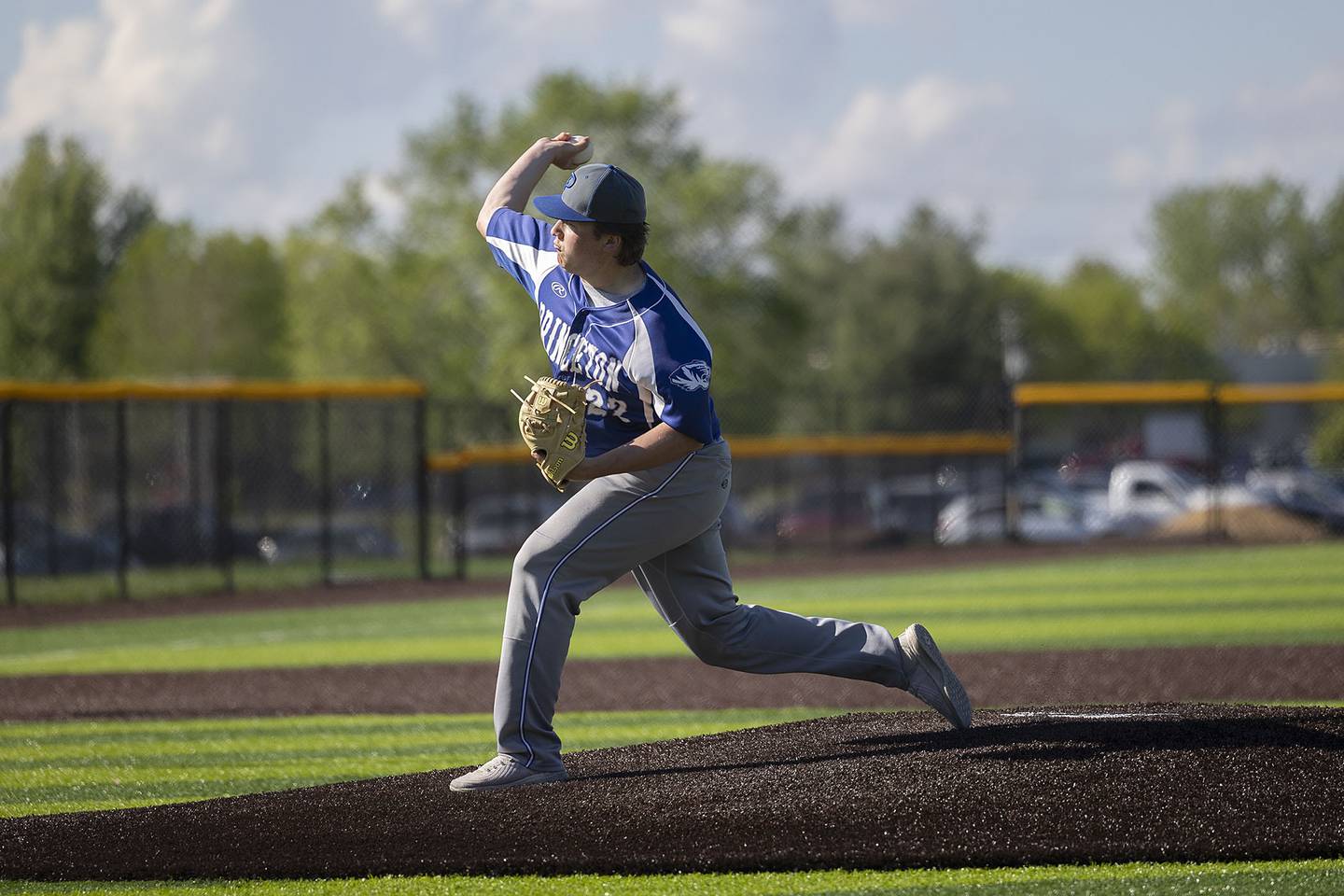 Princeton’s Jordan Reinhardt fires a pitch against Sterling Tuesday, May 7, 2024 at Sterling’s Gartner Park.