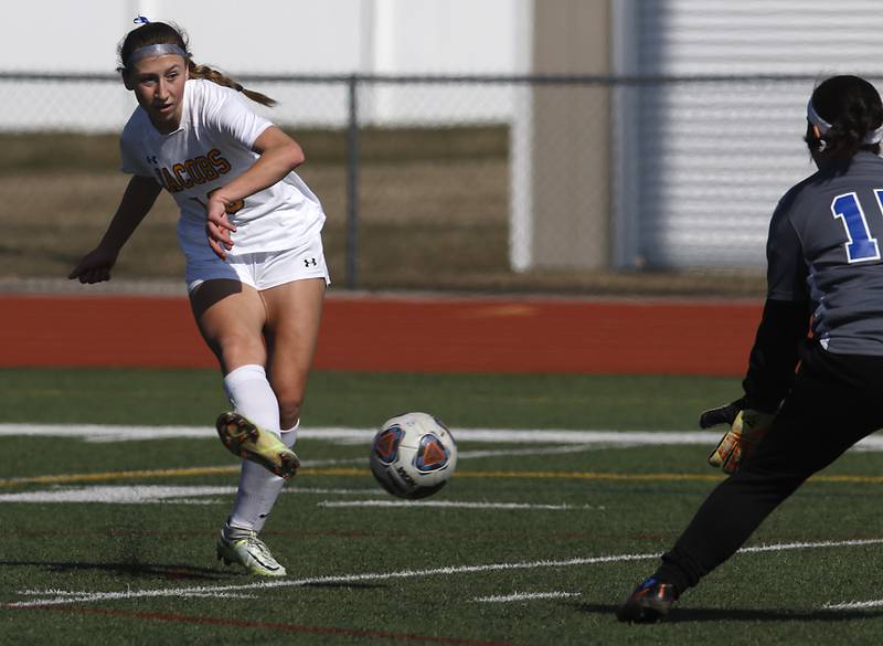 Jacobs' Gabby Wojtarowicz takes a shot on goal during a nonconference Huntley Invite girls soccer match against Larkin Tuesday, March 28, 2023, at Huntley High School.